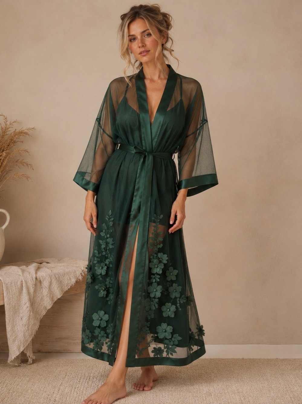 La Vie en Rose Pine Green Sheer Floral Appliqué Long Kimono